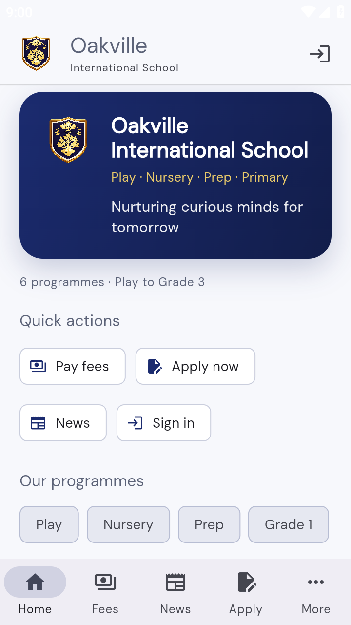 Oakville app home screen