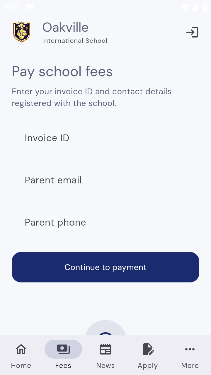 Oakville app fees screen